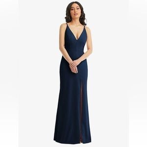 Dessy Collection- SKINNY STRAP DEEP V-NECK CREPE TRUMPET GOWN WITH FRONT SLIT